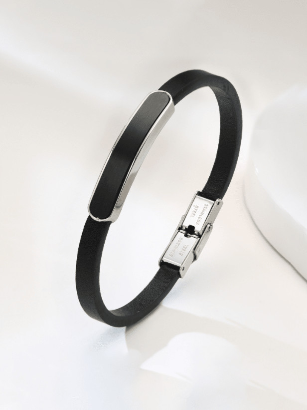 Brazalete de banda minimalista geométrico de cuero de acero inoxidable