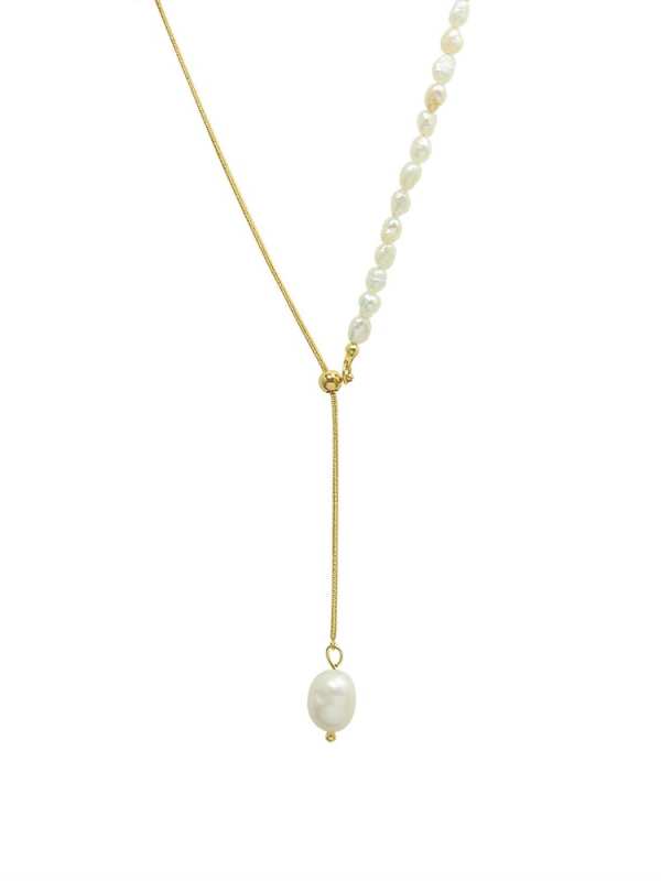 Collar de lazo minimalista con borla de perlas de imitación de acero titanio
