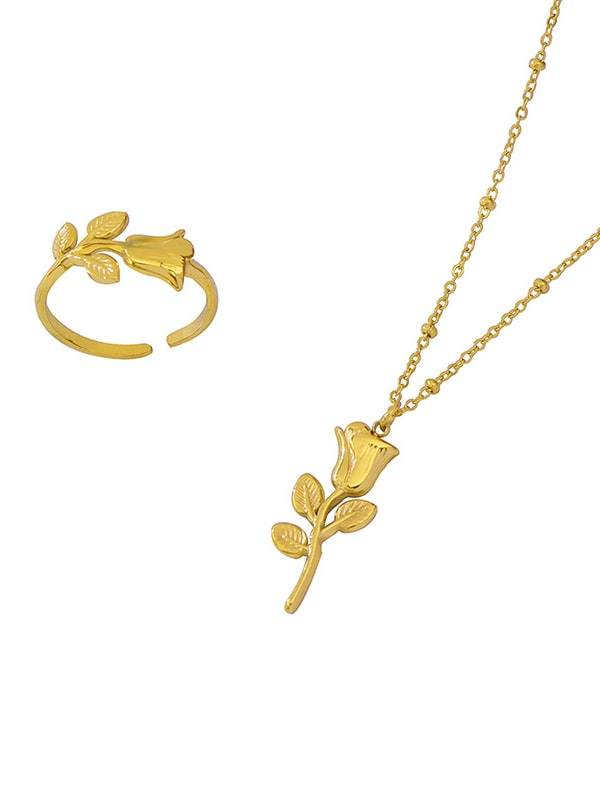 Juego de anillo y collar de flores minimalistas de acero de titanio