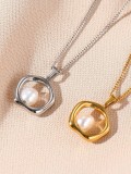 Collar delicado geométrico de perlas de agua dulce de acero titanio