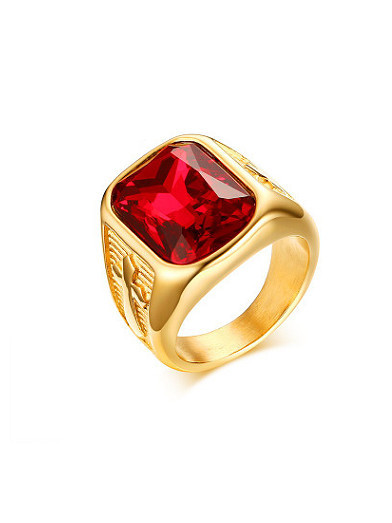 Anillo de titanio con diamantes de imitación chapados en oro en forma de cuadrado rojo con personalidad