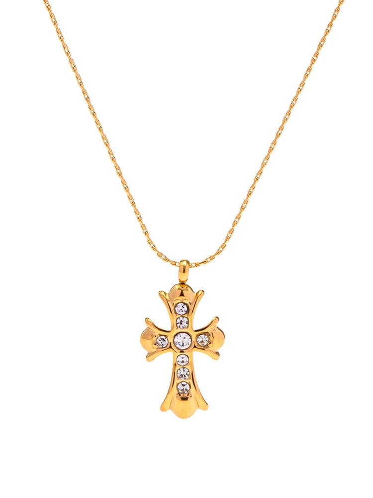 Collar religioso vintage con cruz de circonita cúbica de acero inoxidable