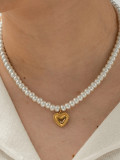 Collar vintage de corazón de perla de imitación de acero inoxidable