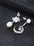 Pendiente de gota de perla de agua dulce de luna de copo de nieve asimétrico de moda de plata de ley 925