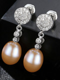 Pendientes de perlas naturales de 8-9 mm con microengaste de circonita 3A de plata de primera ley