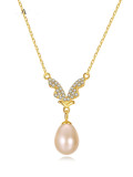Collar minimalista de mariposa de perlas de imitación de plata de ley 925