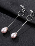 Pendientes de perla natural con diseño de anillo doble de plata pura