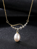 Collar de circón de perlas naturales de agua dulce de oro de 18 quilates electrochapado en plata pura