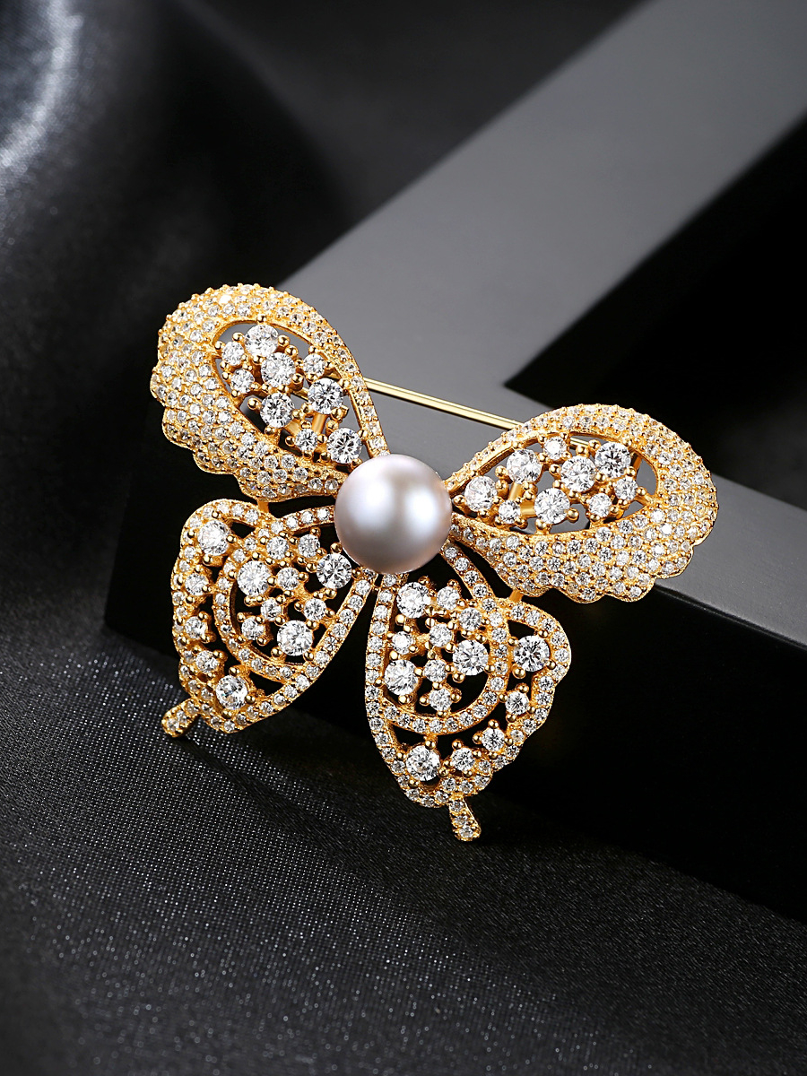 Broches de plata esterlina con perlas naturales de circón 3A y mariposa antigua