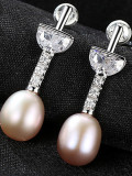 Pendientes de perlas naturales de agua dulce de 7-8 mm de plata esterlina con circón 3A