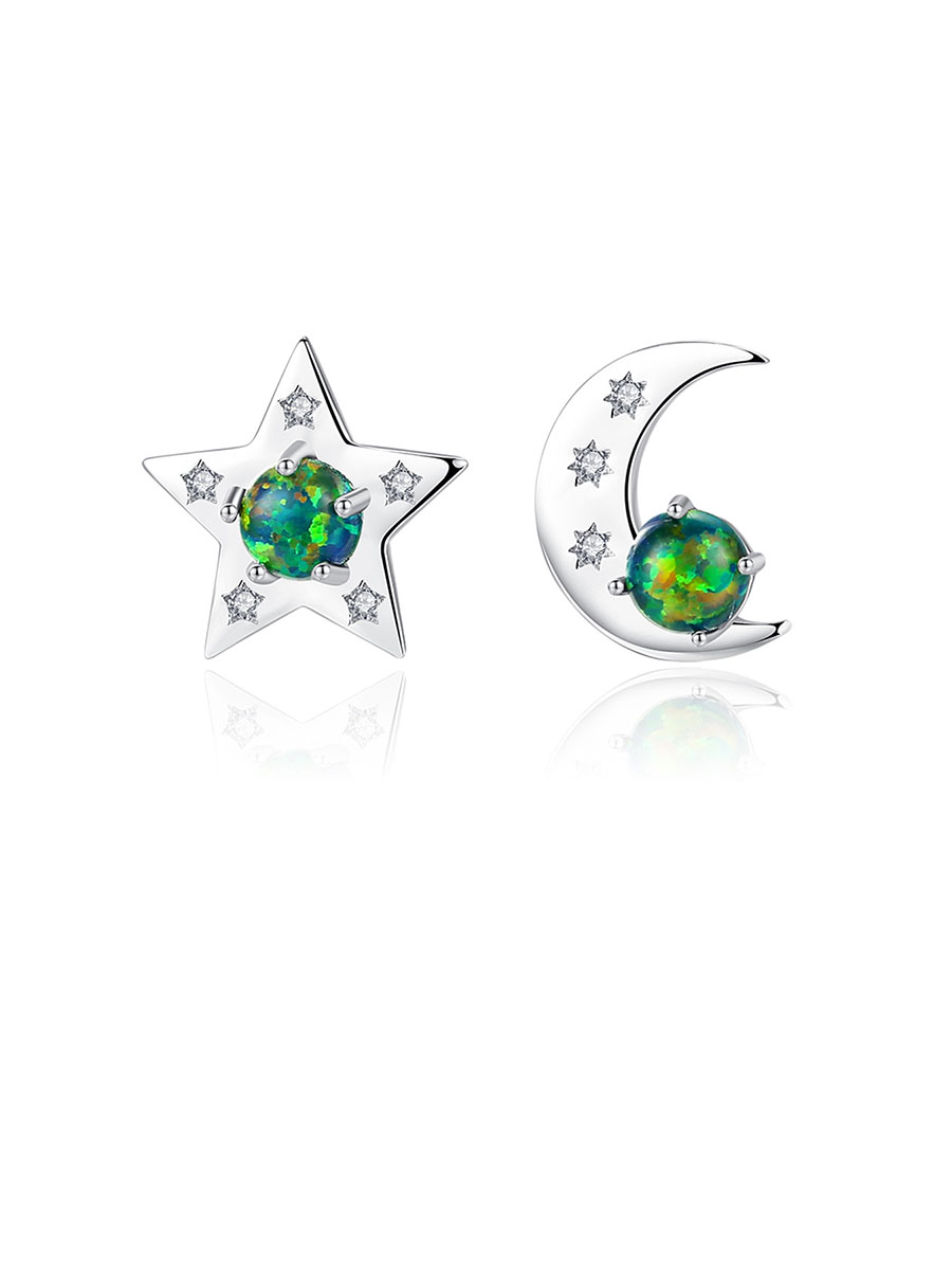 Aretes de plata esterlina 925 con ópalo lindo estrella luna asimetría