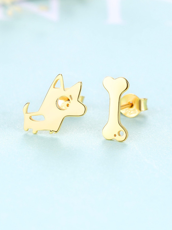 Pendientes de tuerca de hueso de perro de dibujos animados de plata de ley 925