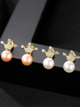 Aretes de corona de perlas naturales de agua dulce de 7-7,5 mm de plata esterlina