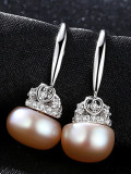 Pendientes de perlas naturales de agua dulce de 9-9,5 mm de plata de ley con circonita 3A