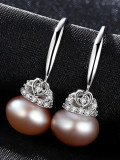 Pendientes de perlas naturales de agua dulce de 9-9,5 mm de plata de ley con circonita 3A