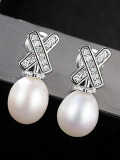 Pendientes de perlas naturales de 7-8 mm con microinserto de plata de ley con letra de circón 3A X