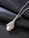 Collar de perlas naturales de circón AAA con incrustaciones de plata pura