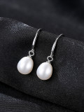 Pendientes de gancho ovalado simplista de plata esterlina 925 con perla artificial