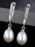 Pendientes de plata de ley con circonita AAA de perlas naturales de agua dulce de 8-9 mm