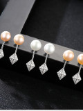 Aretes de perlas naturales de agua dulce de 7-7.5 mm con circón de plata pura