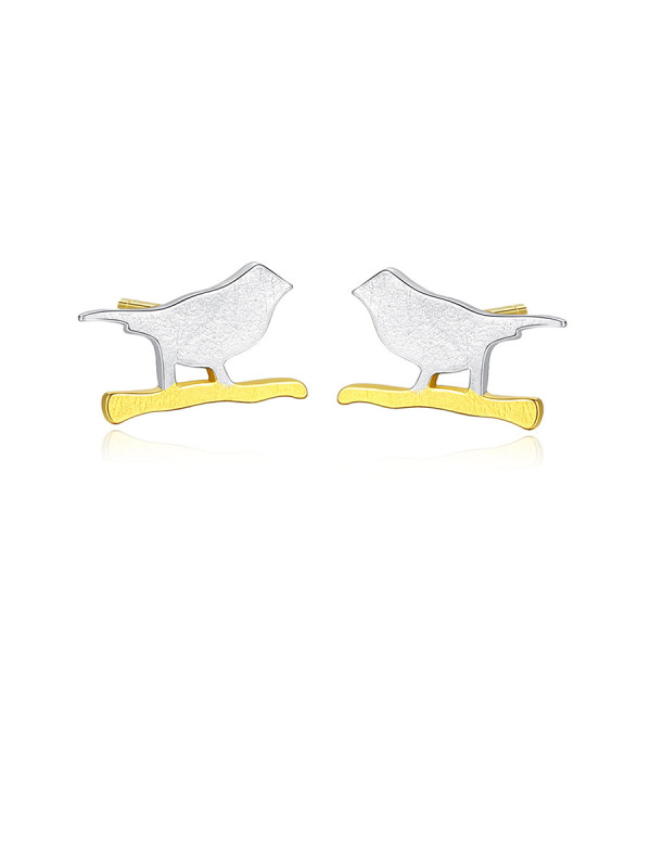Pendientes de tuerca de plata de ley 925 con pájaro simplista de dos colores