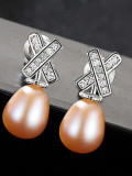 Pendientes de perlas naturales de 7-8 mm con microinserto de plata de ley con letra de circón 3A X