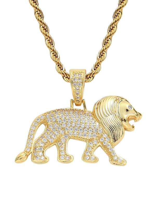 Collar de hip hop con león de circonita cúbica de oro laminado
