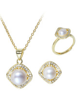 Juego de collar y aretes geométricos minimalistas con perlas de agua dulce de oro laminado