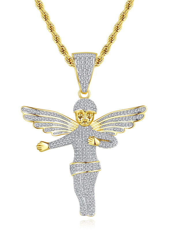 Collar de hip hop con ala de circonita cúbica de ángel de oro laminado