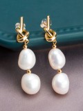 Aretes colgantes minimalistas geométricos con perlas de agua dulce de oro laminado