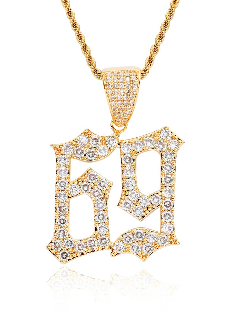 Collar de hip hop con número de circonita cúbica de oro laminado