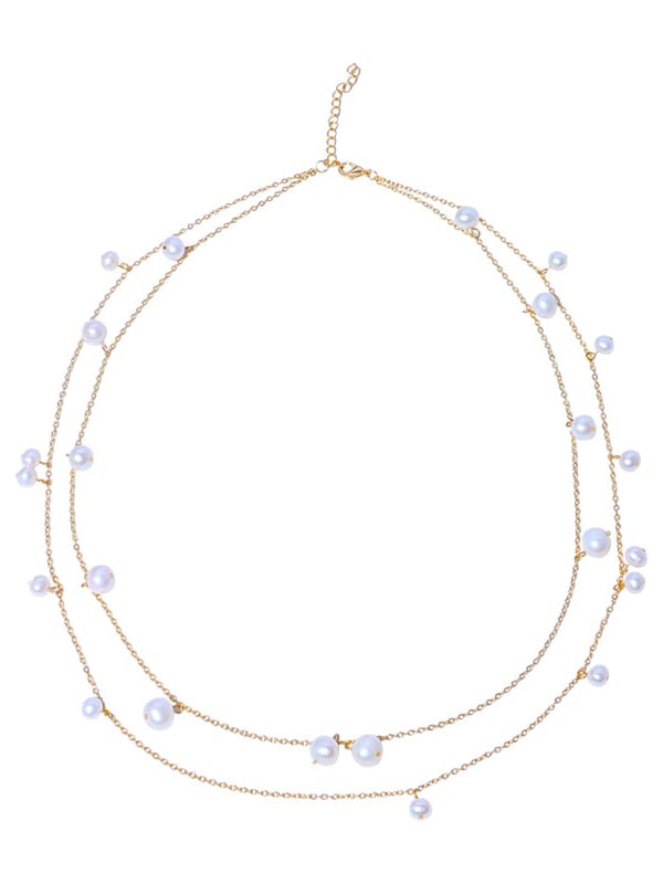 Collar minimalista geométrico de múltiples hebras con perlas de agua dulce de oro laminado