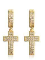 Aretes colgantes delicados con cruz de circonita cúbica de oro laminado