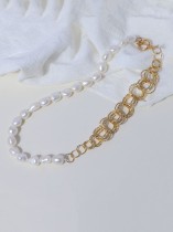 Collar vintage geométrico asimétrico de perlas de agua dulce de oro laminado