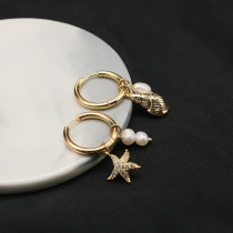 Pendientes colgantes chapados en oro de 18K con perlas de agua dulce, ropa de calle Retro para playa, estrella de mar, concha, cobre, 1 par