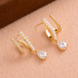 Pendientes colgantes chapados en oro de 14K con incrustaciones de gotas de agua, elegantes y románticos, estilo IG, perlas artificiales de cobre, circón, 1 par