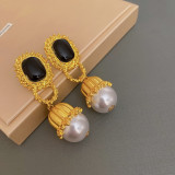 1 par de pendientes colgantes de resina con incrustaciones de gotas de agua Retro Glam, perlas artificiales de cobre