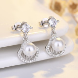 1 par de pendientes colgantes de circonita con perlas artificiales de cobre con incrustaciones geométricas elegantes para mujer