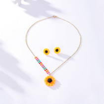 Conjunto simple de collar y aretes de girasol de oro de 18 quilates de acero inoxidable