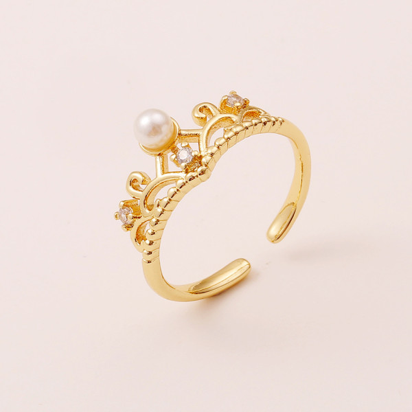 Anillo abierto de diamantes con perlas bonitas, joyería de cobre con corona sencilla para mujer