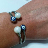 Brazalete de perlas con incrustaciones de esmalte de cobre y acero inoxidable con ojo de estilo simple retro