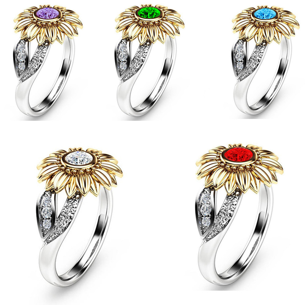 Anillos de piedras preciosas artificiales con incrustaciones de cobre y flor de girasol a la moda, 1 pieza