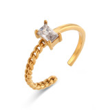 Anillo abierto de acero inoxidable rectangular de estilo simple, anillos de acero inoxidable con circonita plateada