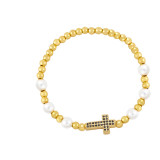 Pulseras de cobre cruzadas de moda Pulseras de cobre con circonitas chapadas en oro y perlas con cuentas
