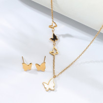 Conjunto de pendientes y collar de mariposa con concha adhesiva de oro de 18 quilates, galvanoplastia de acero inoxidable