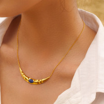 Collar chapado en oro de 18 quilates con lapislázuli y incrustaciones de acero inoxidable ovalado de estilo simple de IG