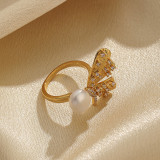 Anillos abiertos chapados en oro de 18K con circonita perla con incrustaciones de cobre y mariposa de viaje retro