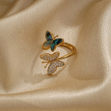 Anillos abiertos chapados en oro de 18 quilates con incrustaciones de concha y circonita de mariposa a la moda
