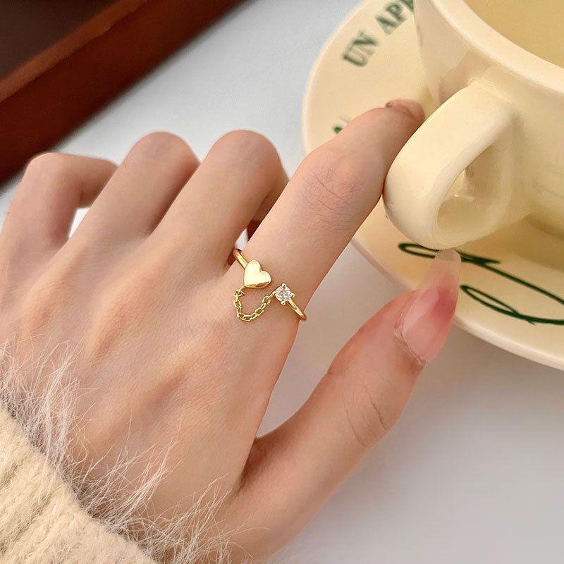 Anillos abiertos de circón con incrustaciones de cadena de cobre en forma de corazón de estilo Simple dulce