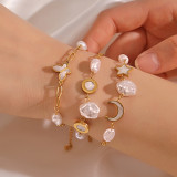 Pulseras de concha de perlas artificiales con incrustaciones de acero inoxidable con mariposa, estrella, Luna, estilo IG